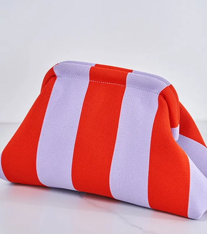 Stripe Square Open Cloud Shape Bag -Red/Lavender